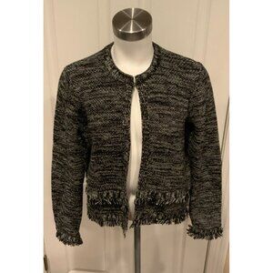 Tahari Black & White Tweed Long Sleeve Cardigan W/ Fringe Trim, Size M